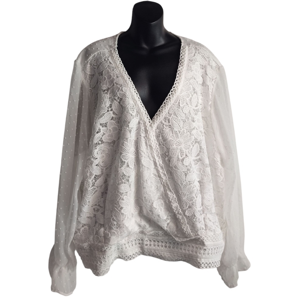 Ashley Stewart Blouse Womens White Lace Shifon V-Neck Wide Sleeve Plus SZ 26/28